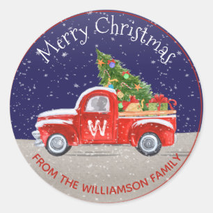 Monogrammed Red Christmas Truck With Snow at Night Classic Round Sticker