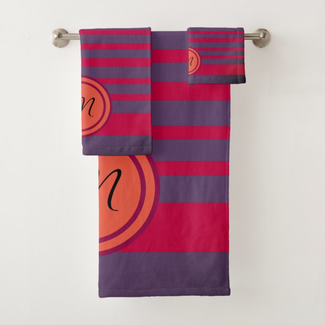 Monogrammed Red Gray  Stripes Bathroom Towel Set (Insitu)