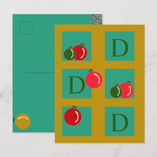 Monogrammed Red, Green, Gold Christmas Ornaments Postcard (Front/Back)