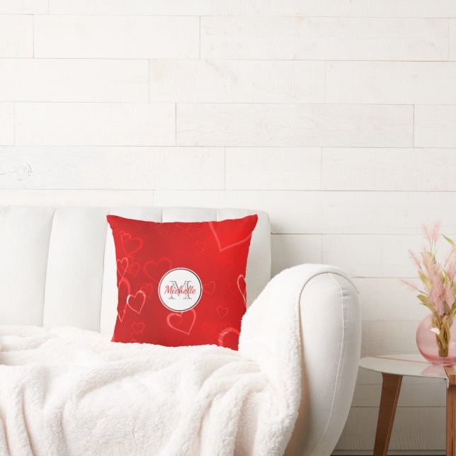Monogrammed Red Hearts Pattern Throw Pillow (Couch)