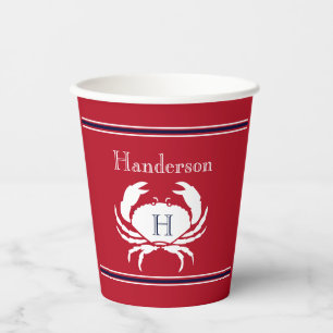 Monogrammed Red Navy Blue and White Crab Nautical Paper Cups