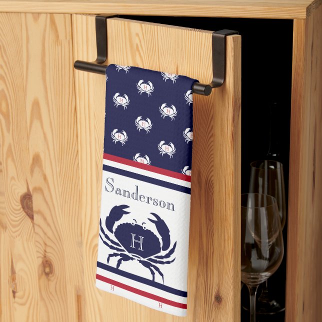 Monogrammed Red  Navy Blue White Crab Nautical  Kitchen Towel (Thirds Fold)