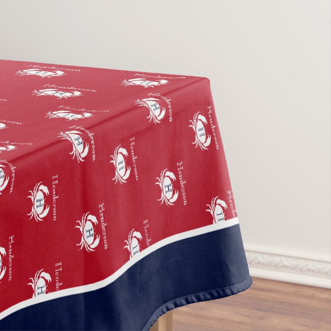 Monogrammed Red Navy Blue White Crab Nautical Tabl Tablecloth (In Situ)