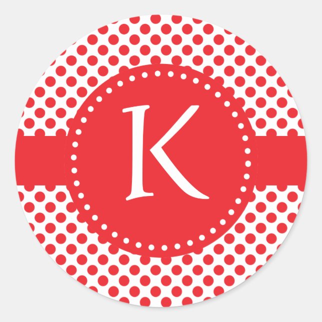 Monogrammed Red on White Polka Dot Classic Round Sticker (Front)