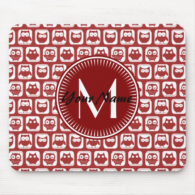 Monogrammed Red Owls, Personalized Name Mouse Pad (Front)