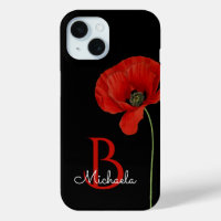 Monogrammed Red Poppy on Black Stylish