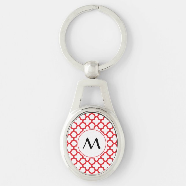 Monogrammed Red Quatrefoil Pattern Keychain (Front)