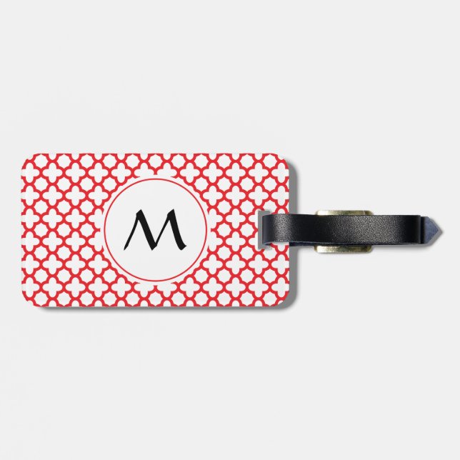 Monogrammed Red Quatrefoil Pattern Luggage Tag (Back Horizontal)