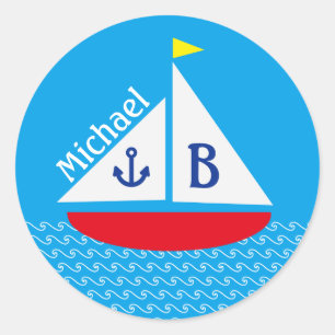 Monogrammed Red Sailboat Marine Nautical Blue Sea Classic Round Sticker