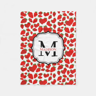 Monogrammed Red Strawberries Pattern Fleece Blanket