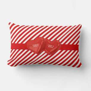 Monogrammed Red Striped Pattern with Hearts Lumbar Pillow