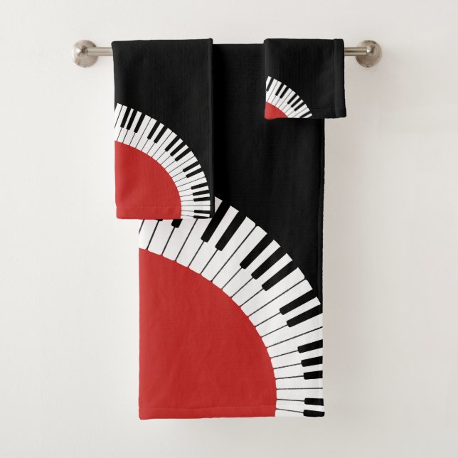 Monogrammed red white and black piano design bath towel set (Insitu)