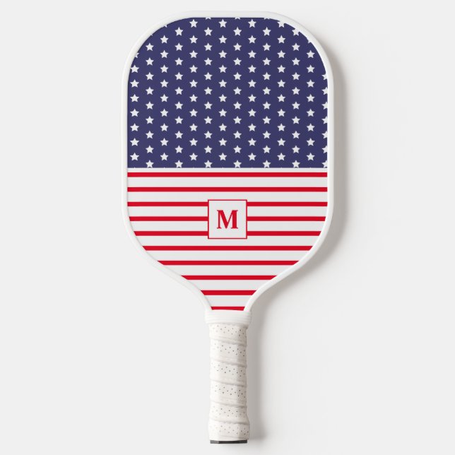 Monogrammed Red White and Blue American Flag Pickleball Paddle (Front)