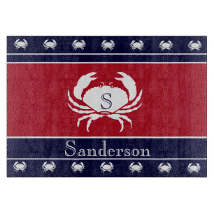 Monogrammed Red White Black Crab Kitchen Rug Cutting Board