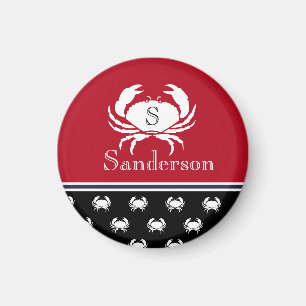 Monogrammed Red White Black Crab Nautical   Magnet