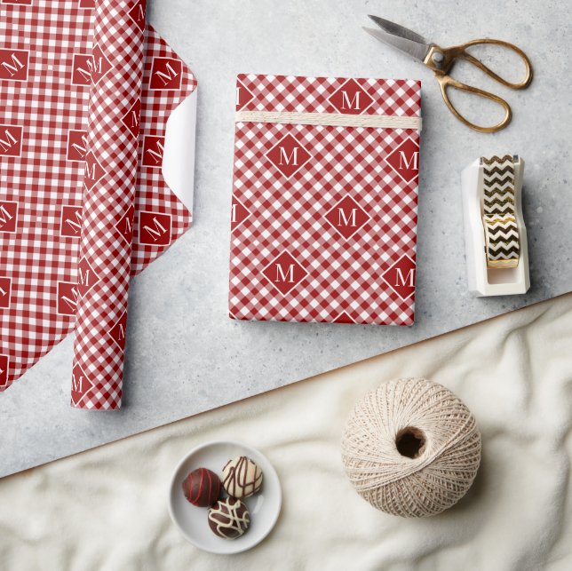 Monogrammed Red White Buffalo Check Pattern Wrapping Paper (Crafts)