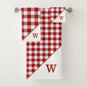 Monogrammed Red White Buffalo Plaid Pattern Bath Towel Set