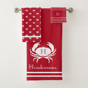 Monogrammed Red White Crab Nautical Bath Towel Set