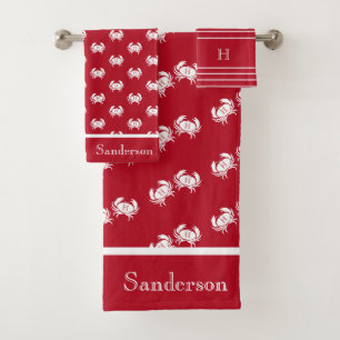 Monogrammed Red White Crab Nautical Bath Towel Set