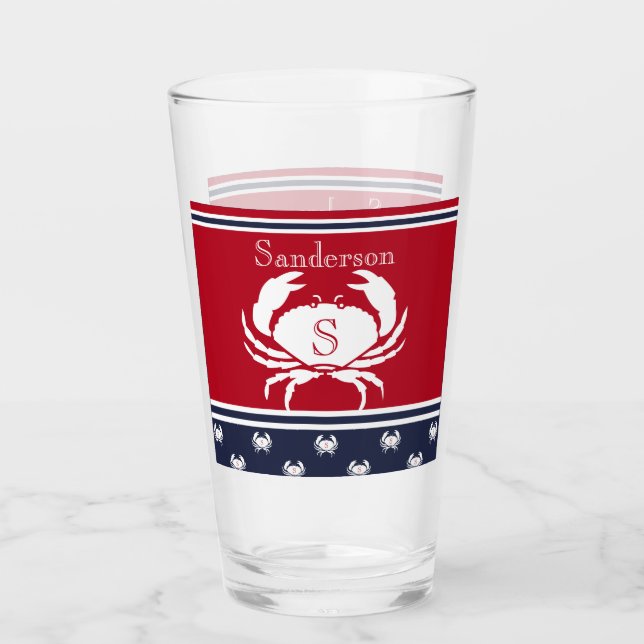 Monogrammed Red White Navy Blue Crab  Glass (Front)