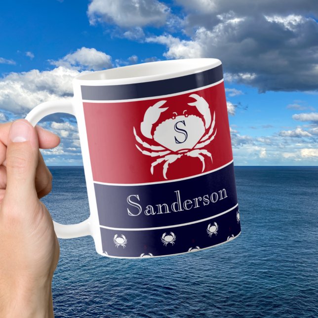 Monogrammed Red White Navy Blue Crab Nautical  Coffee Mug (Creator Uploaded)