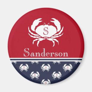 Monogrammed Red White Navy Blue Crab Nautical   Magnet