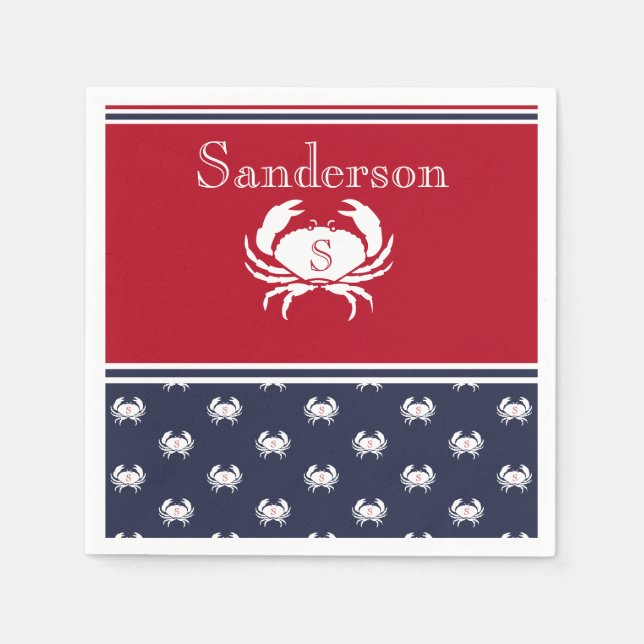 Monogrammed Red White Navy Blue Crab Nautical  Nap Napkin (Front)