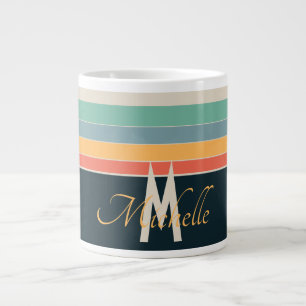 monogrammed retro 70s Navy blue yellow pink stripe Large Coffee Mug