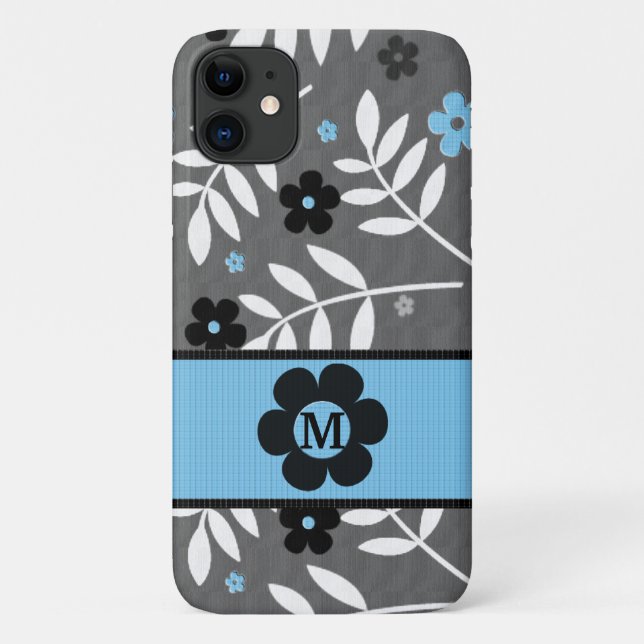 Monogrammed Retro Blue Floral Theme Case-Mate iPhone Case (Back)