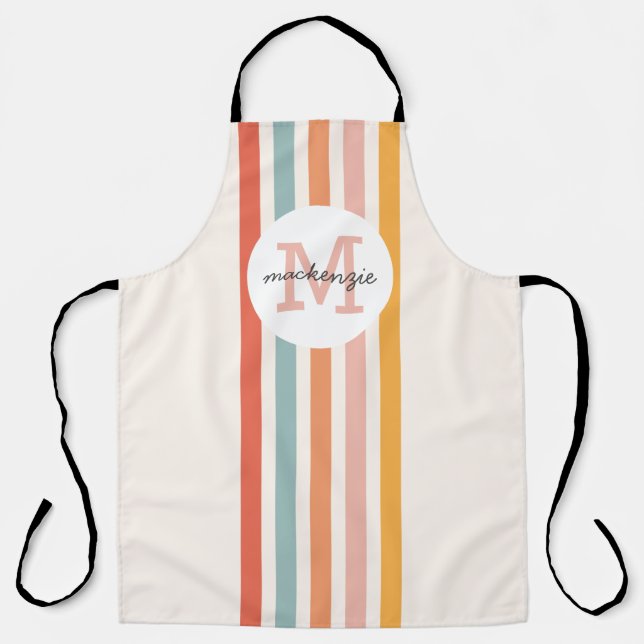 Monogrammed Retro Colourful Stripes Personalized Apron (Front)