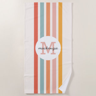 Monogrammed Retro Colourful Stripes Personalized Beach Towel