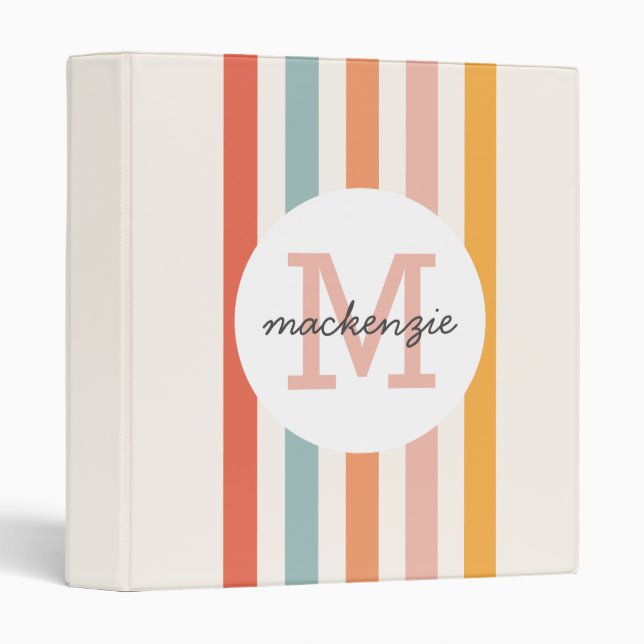 Monogrammed Retro Colourful Stripes Personalized Binder (Front/Spine)