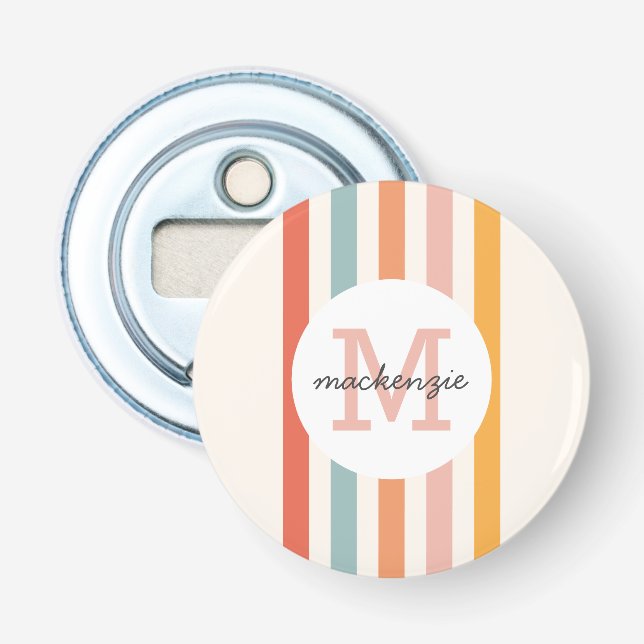 Monogrammed Retro Colourful Stripes Personalized Bottle Opener (Front)