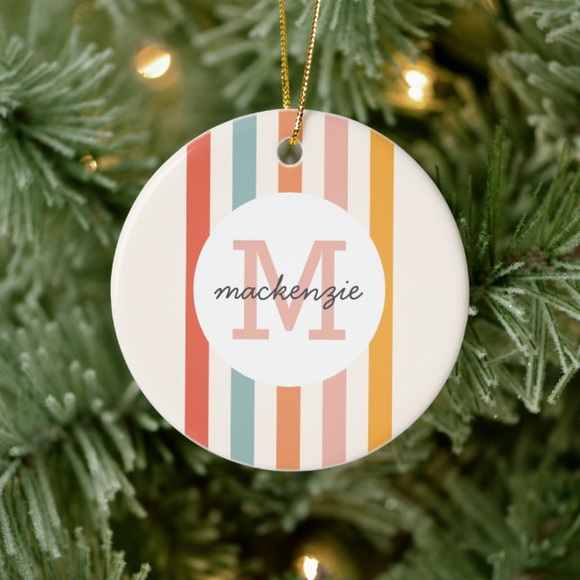 Monogrammed Retro Colourful Stripes Personalized Ceramic Ornament (Tree)