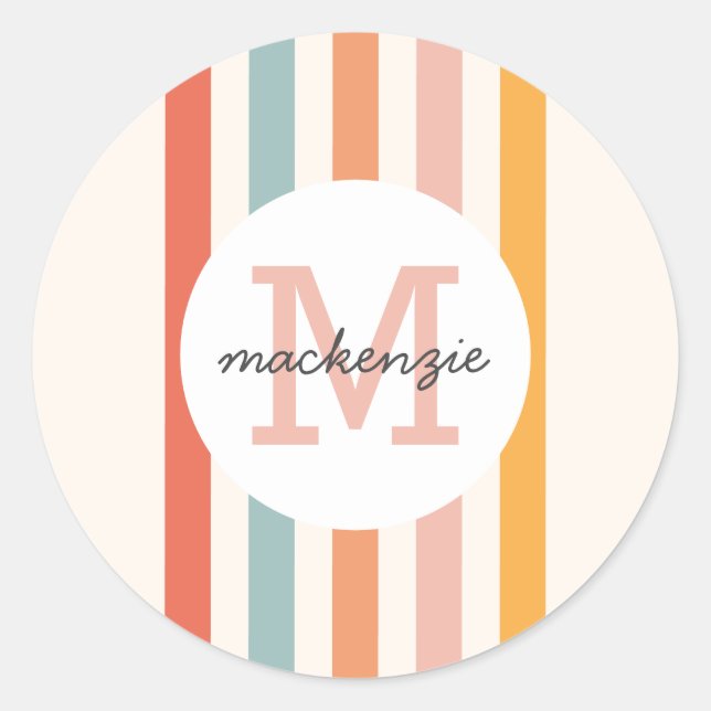 Monogrammed Retro Colourful Stripes Personalized Classic Round Sticker (Front)