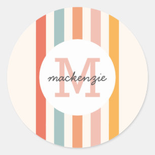 Monogrammed Retro Colourful Stripes Personalized Classic Round Sticker