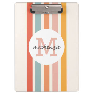 Monogrammed Retro Colourful Stripes Personalized Clipboard