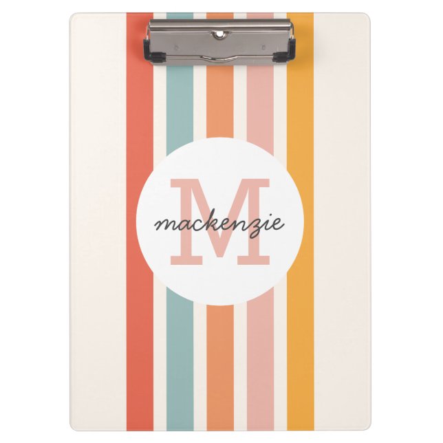 Monogrammed Retro Colourful Stripes Personalized Clipboard (Front)