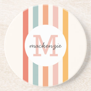 Monogrammed Retro Colourful Stripes Personalized Coaster