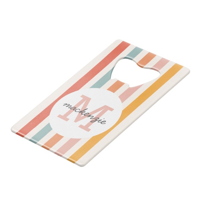 Monogrammed Retro Colourful Stripes Personalized Credit Card Bottle Opener (Front Angled)