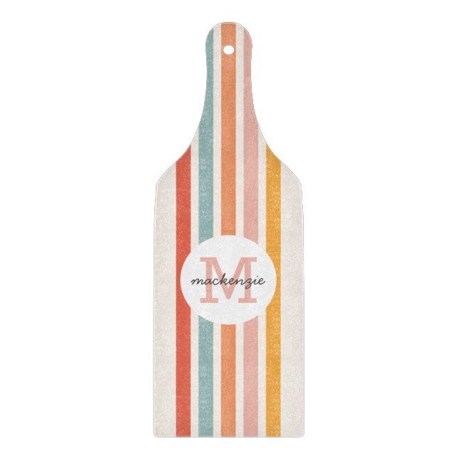 Monogrammed Retro Colourful Stripes Personalized Cutting Board (Front)