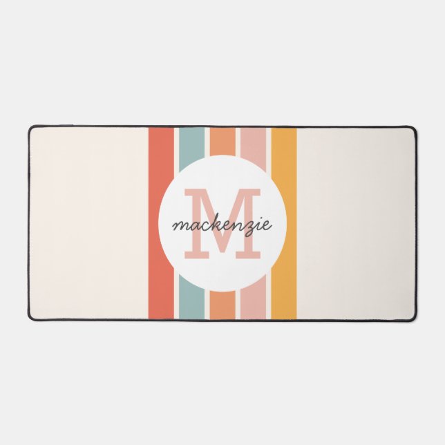 Monogrammed Retro Colourful Stripes Personalized Desk Mat (Front)