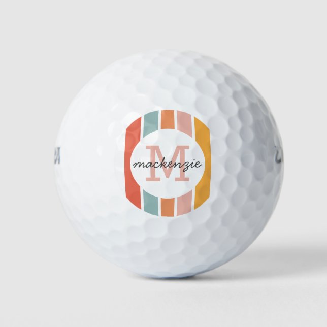Monogrammed Retro Colourful Stripes Personalized Golf Balls (Front)