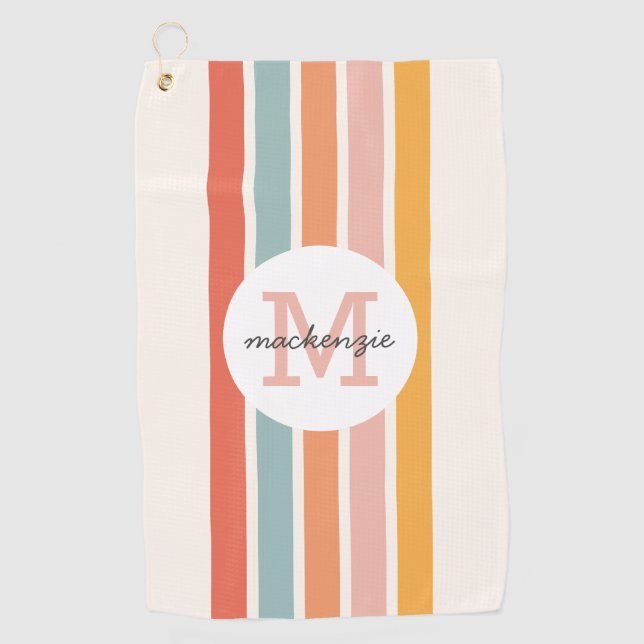 Monogrammed Retro Colourful Stripes Personalized Golf Towel (Front)