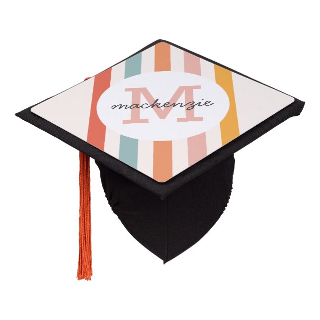 Monogrammed Retro Colourful Stripes Personalized Graduation Cap Topper (Angled)