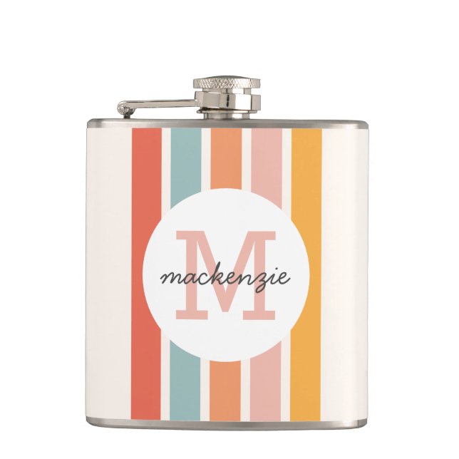 Monogrammed Retro Colourful Stripes Personalized Hip Flask (Front)