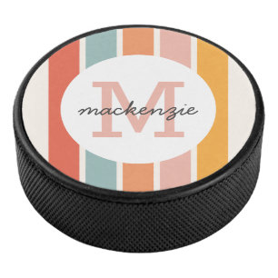 Monogrammed Retro Colourful Stripes Personalized Hockey Puck