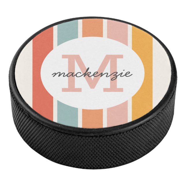Monogrammed Retro Colourful Stripes Personalized Hockey Puck (3/4)