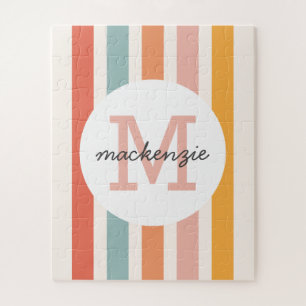 Monogrammed Retro Colourful Stripes Personalized Jigsaw Puzzle