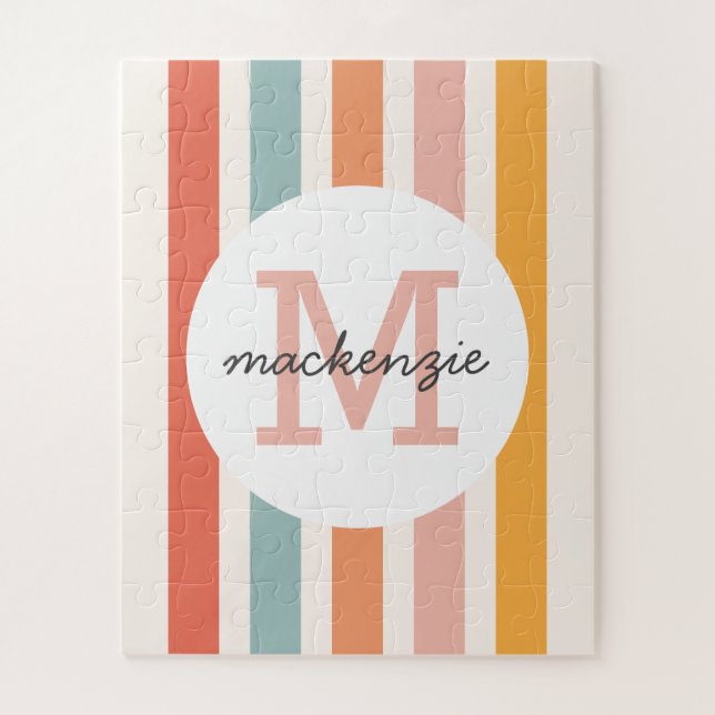 Monogrammed Retro Colourful Stripes Personalized Jigsaw Puzzle (Vertical)